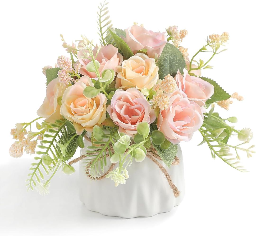 Artificial Rose Flower Plants with Small Ceramic Vase Fake Silk Variety Flower Balls Flowers Decoration for Table Home Living Room Party Office WeddingChampagne Powder