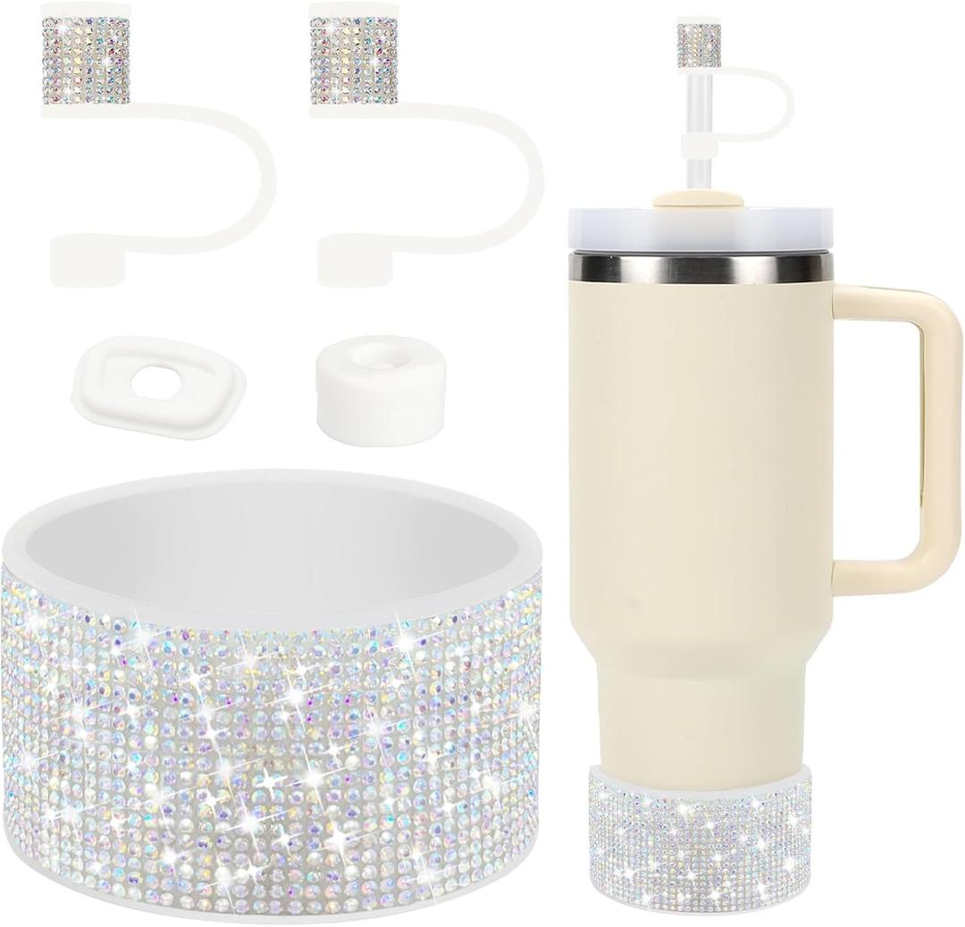Rhinestone Stanley Cup Accessories Set Including 0.4in Bling Straw Covers, Spill Proof Stopper, Diamond Glitter Silicone Boot for Stanley Accessories (Fit 30 oz, Circles Stardrone)