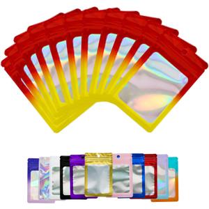 100 PCS Red Resealable Mylar Holographic Bags Food Storage Smell Proof Bags with Front Window Packaging Pouch for Cookies Sample Jewelry Snack, 3.15x5.51 Inch
