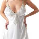 Womens Chemise Deep V Neck Lace Nightgown Slip Satin Sleepwear Nightdress (Black, M)