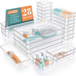 28 PCS Clear Plastic Drawer Organizers Set, 4 Size Desk Drawer Organizer Trays for Makeup, Jewelry, Kitchen Utensils, Gadgets and Office Accessories