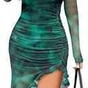 Pink Queen Women's Sexy Mesh Bodycon Dress Fall Long Sleeve Asymmetric Hem Ruffle Floral Print Party Club Ruched Midi Dresses, S