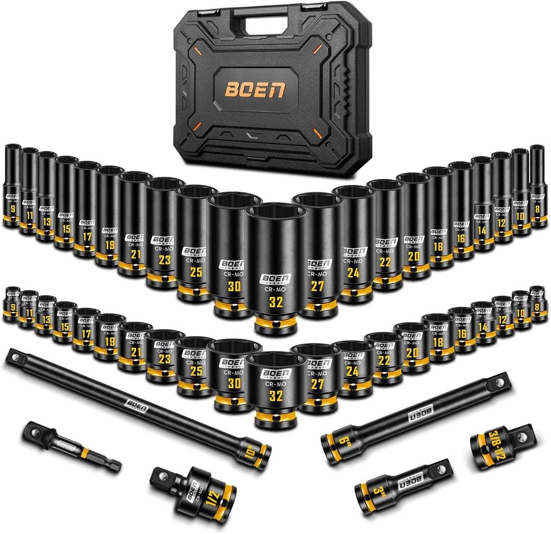 boen 48PCS 1/2 Drive Metric Socket Set, Impact Deep&Shollow Socket(8mm-32mm), for Lug Nut Use, 6-Point with Yellow Embossed Marking, CR-MO