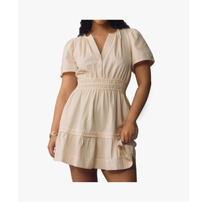 Womens Summer Tiered Mini Silhouette Dress V-Neck Short Sleeve Apricot Sundress Flowy Swing A-Line Casual Dress, S