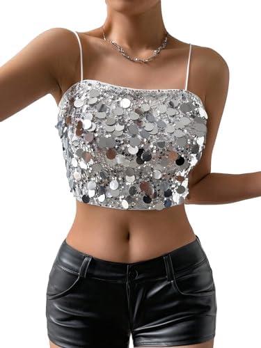Floerns Women's Contrast Sequin Sleeveless Cropped Cami Shiny Party Camisole Tops Size L