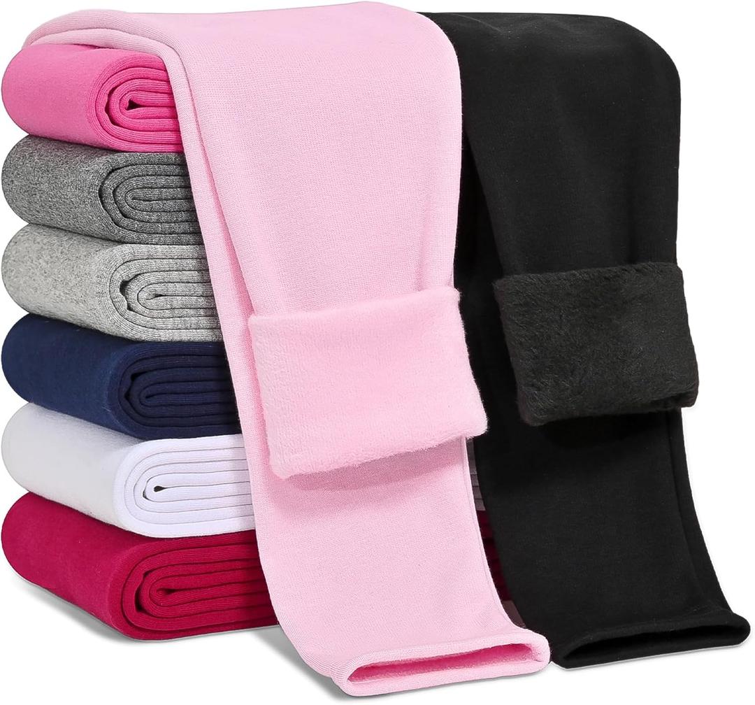 Girls Fleece Lined Leggings Cotton Kids Winter Warm Leggings Thick Thermal Tights Pants (10-12 Years, Black, Light Pink)