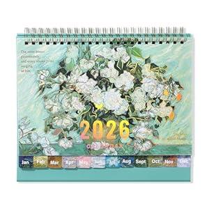 icceemee 2026 Calendar Desktop Calendar - Vintage oil painting style art flip calendar with month labels and clear date display, suitable for office decoration, home furnishings and gift-giving (White Rose)