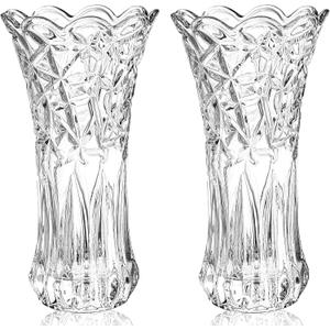 Dicunoy Set of 2 Glass Flower Vase, 9.5" Large Clear Flower Vases for Centerpieces, Modern Crystal Rose Vase, Heavy Duty Tall Cylinder Flared Vase with Heavy Base for Home, Living Room, Office
