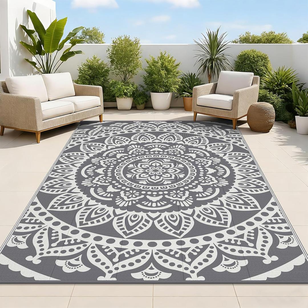 Bsmathom Waterproof Outdoor Rug 5'x8' Reversible Boho Plastic Straw Patio Deck Camping Rugs, Indoor Outdoor Portable RV Mat Clearance Carpet for Outside, Porch, Balcony, Backyard, Beach, Pool,Grey