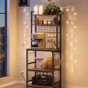 VASAGLE Bakers Rack with Power Outlet, Microwave Stand, Kitchen Tall Utility Storage Shelf, with Metal Wire Panel, 14 Hooks, 15.7 x 23.6 x 66.9 Inches, Rustic Brown and Ink Black UKKS037B01