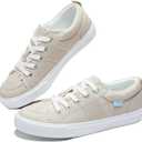 Obtaom Women's White Play Fashion Sneakers Cute Lace up Canvas Shoes Low Top Washed Canvas Flat for Lady, Size 10
