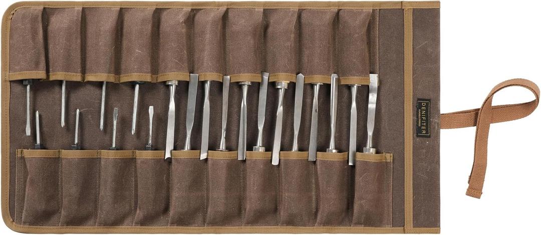 Tool Roll with 20 Slots, Heavy Duty 16oz Waxed Canvas Wrench Roll Up Organizer Bag with Straps, Multi-Purpose Tool Pouch for Metric, SAE (Grey)