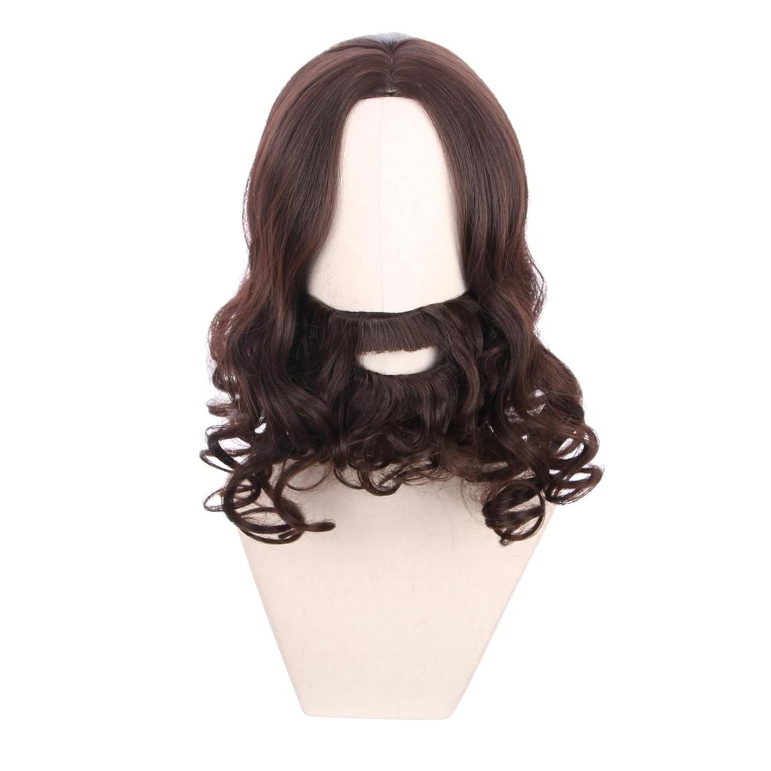 Brown Wig with Beard Short Brown Wavy Curly Wig Cosplay Heat Resistant Synthetic Wigs with Wigs Cap (Small Size)