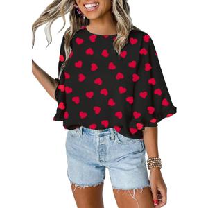 Roshop Valentines Shirts Women's Heart Blouse Dressy 3 4 Ruffled Bell Sleeve Cute Hearts Shirt (Large, Red Heart Black-x)