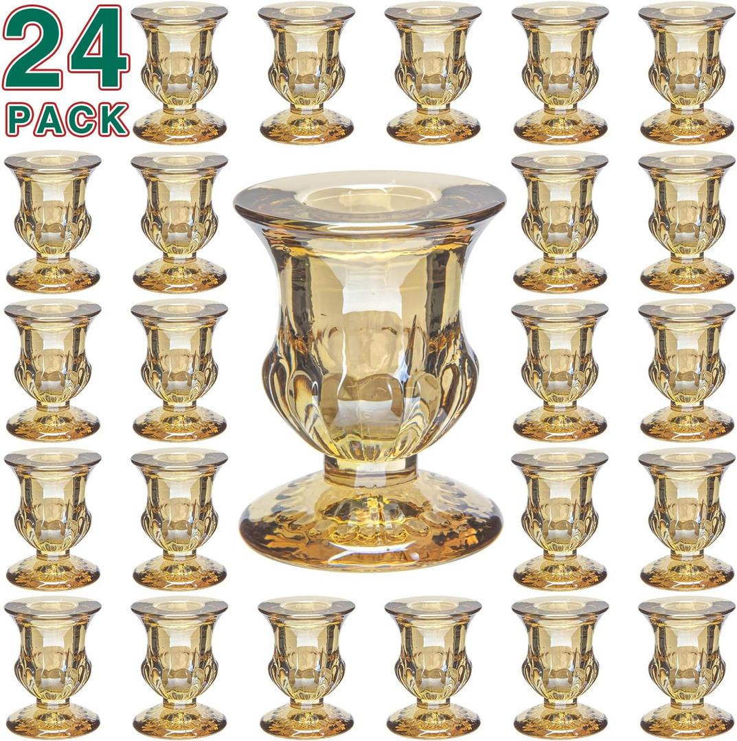 Glass Taper Small Candle Holders Set, 24 Pack Gold Short Candlestick Holders Bulk for Valentine, Porta Velas Deorativas para Mesa, Mini Candle Stands