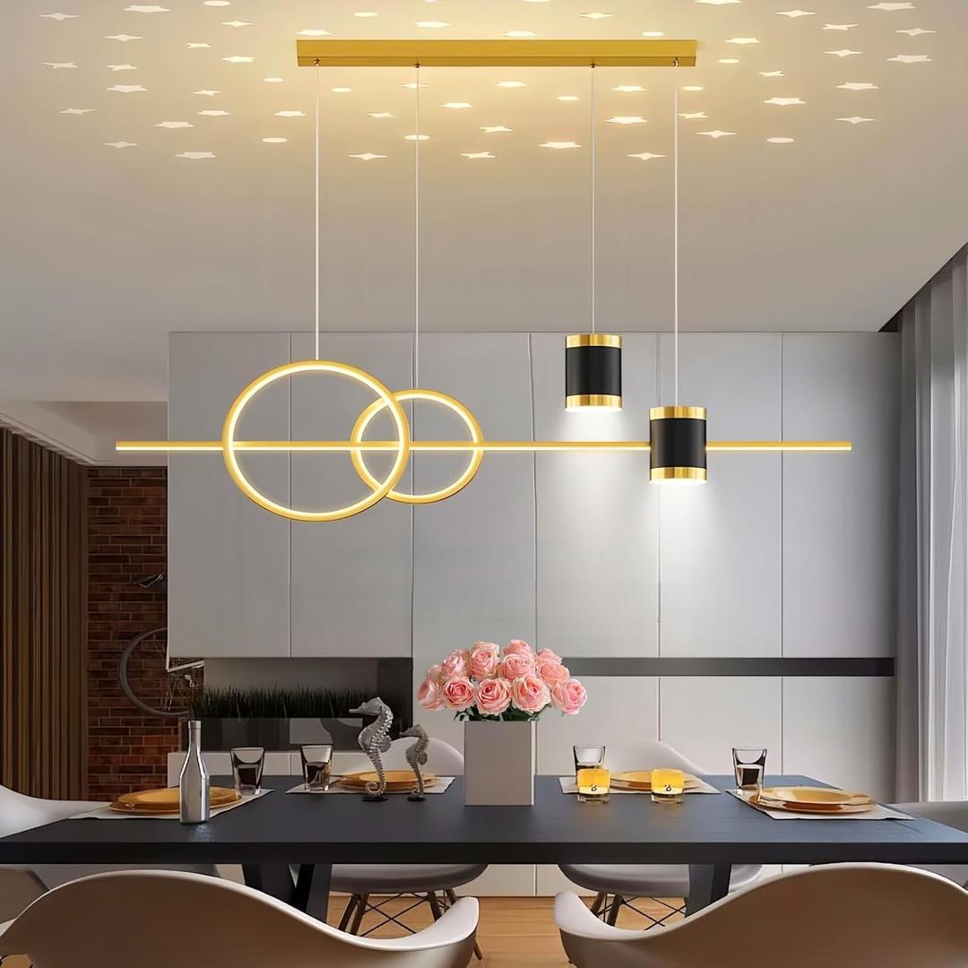 SMG Modern LED Pendant Light for Kitchen Island, 39" Gold Linear Dining Room Chandelier Over Table, with Remote Control 3000K-6000K Dimming, Office Desk Hanging Lighting Fixture
