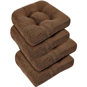 downluxe Chair Cushions for Dining Chairs 4 Pack, Tufted Indoor Chair Pads with Non-Slip Bottom, U-Shaped Kitchen Chair Cushions, 18"x18"x4", Brown