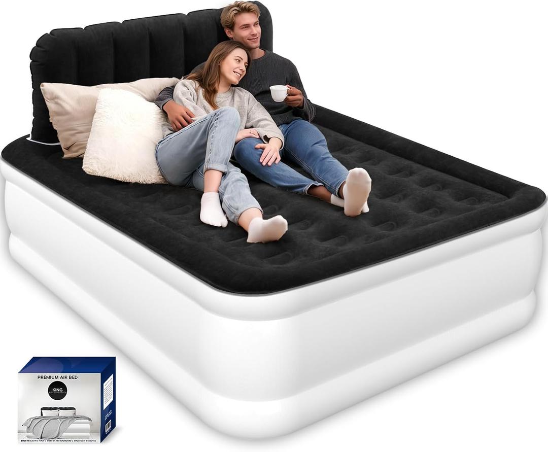 Queen Air Mattress with Headboard, Built-in Pump, 19" Raised Upgraded Comfort Inflatable Mattress, 48-Hour Leak-Tested Upgraded PVC, 3.5 Min Inflation-Air Bed for Home, Guests & Travel, 800 lbs Max (EU King size = US Queen size, White and Black)