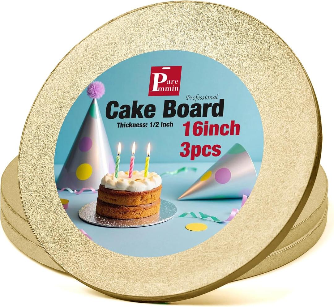 3Pcs 16 Inch Gold Round Cake Boards, 1/2inch Thick Sturdy Cake Drums with Smooth Straight Edges, Waterproof & Oil-Proof (Gold, 16")