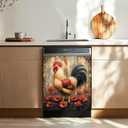 Generic Rustic Farmhouse Rooster Magnetic Dishwasher Cover,Red Poppy Flower Kitchen Decor Dishwasher Magnet Cover,Vintage Chicken Refrigerator Magnets Sticker Home Appliance Panel Decals,23Wx26H