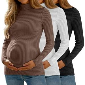 Sweetyweee 3 Pack Women's Maternity Shirts Ribbed Turtleneck Long Sleeve Slim Fit Pregnancy Tops Fall Casual Pregnant Sweater L