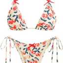 ZAFUL Women's Sexy Halter Bikini Sets Bow Decor Tiny Floral Print Bikini Swimsuits Tie Side Triangle Bathing Suits, Size 6