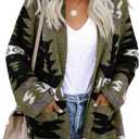FERBIA Women Boho Cardigan Aztec Open Front Loose Slouchy Sweaters Tribal Long Sleeve Knitted Christmas Jacket Coat (Small, Army Geen)
