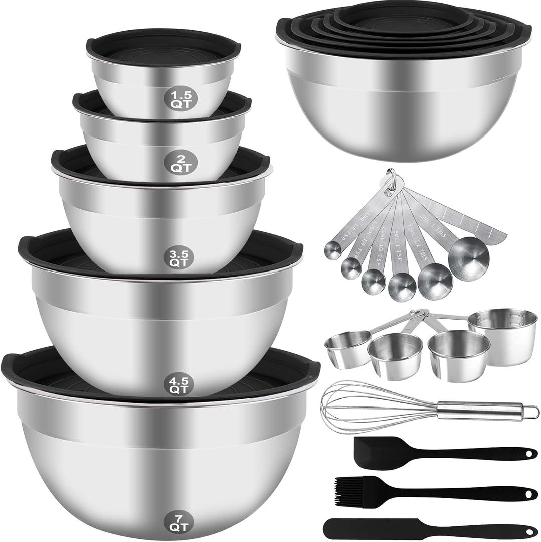 WEPSEN Mixing Bowls Set, 25PCS Stainless Steel Mixing Bowl with Lid Set, Large Nesting Bowls 7, 4.5, 3,2, 1.5QT, Measuring Cups and Spoons Baking Utensils Metal Bowl for Kitchen Prep