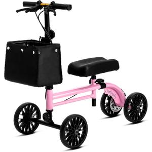 Knee Scooter with Disc Brake System, Steerable Knee Walker for Adults for Foot Surgery, Broken Ankle, Foldable Rover Scooter for Broken Foot Injured Leg Crutch (Pink)