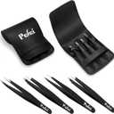 Pefei Tweezers Set - Professional Stainless Steel Tweezers for Eyebrows - Great Precision for Facial Hair, Splinter and Ingrown Hair Removal (Black)