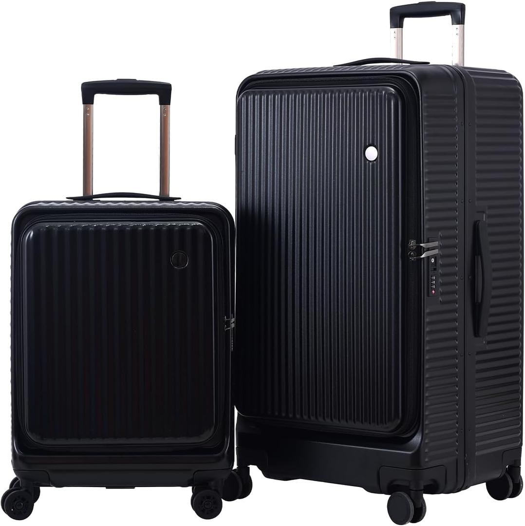 Kaleenie 2 pieces 20/29 Aluminum Frame Carry On and Checked Luggage Set with Side Opening, Lightweight Hardshell ABS+PC Trunk Suitcase with TSA Lock, 360 Universal Wheels & Adjustable Handle, Black