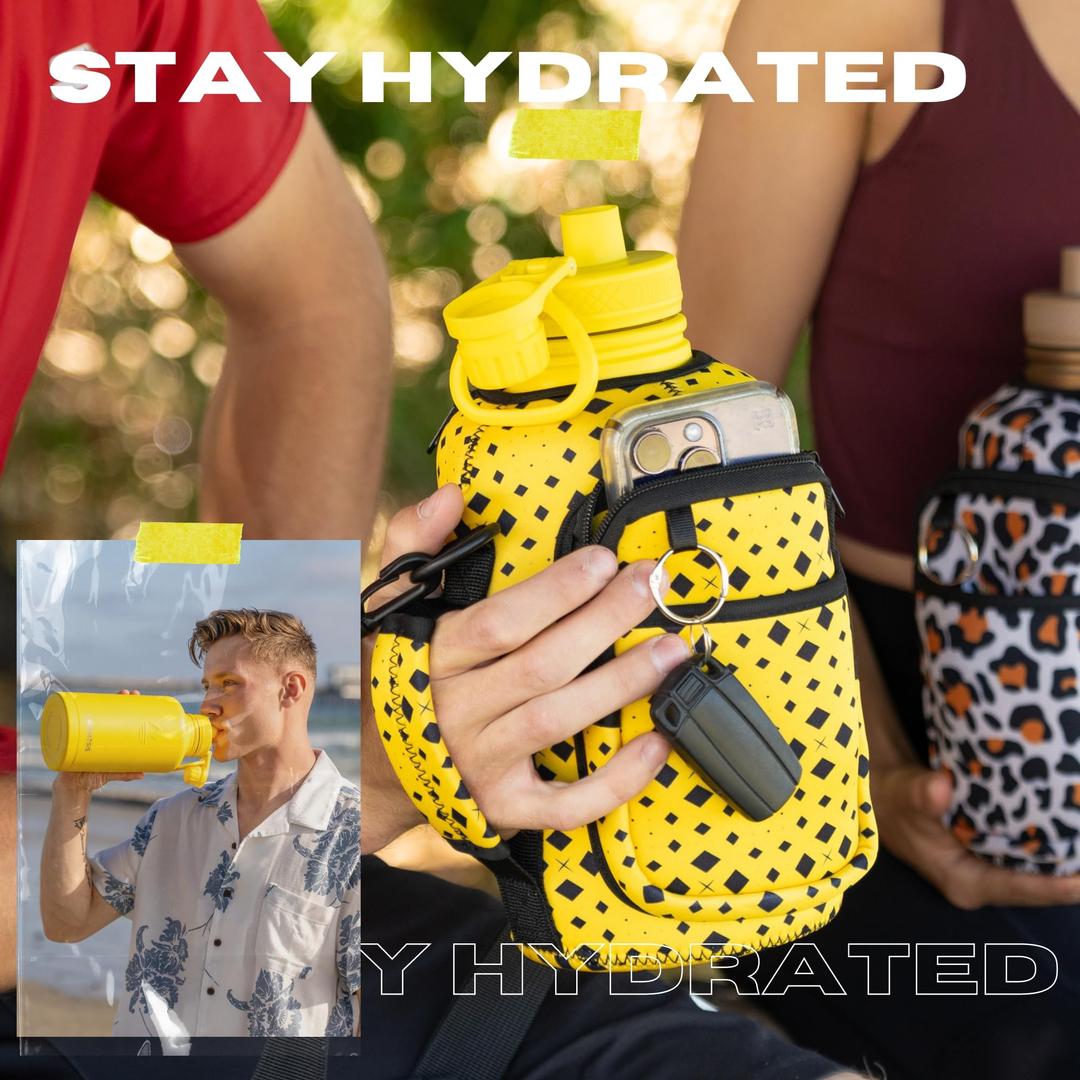Thermosis 64 Oz insulated water bottle Stainless Steel Water Bottle with Straw & Holder Strap - Includes 2 Lids water bottles - Leak Proof water bottle for Men & Women - Yellow