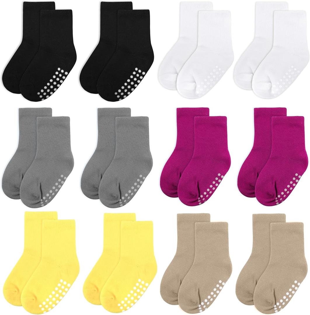 12 Pack Baby & Toddler Cotton Crew Socks - Non-Slip Grip, Unisex, 2-4T (Black/White/Gray/Magenta/Yellow/Khaki)