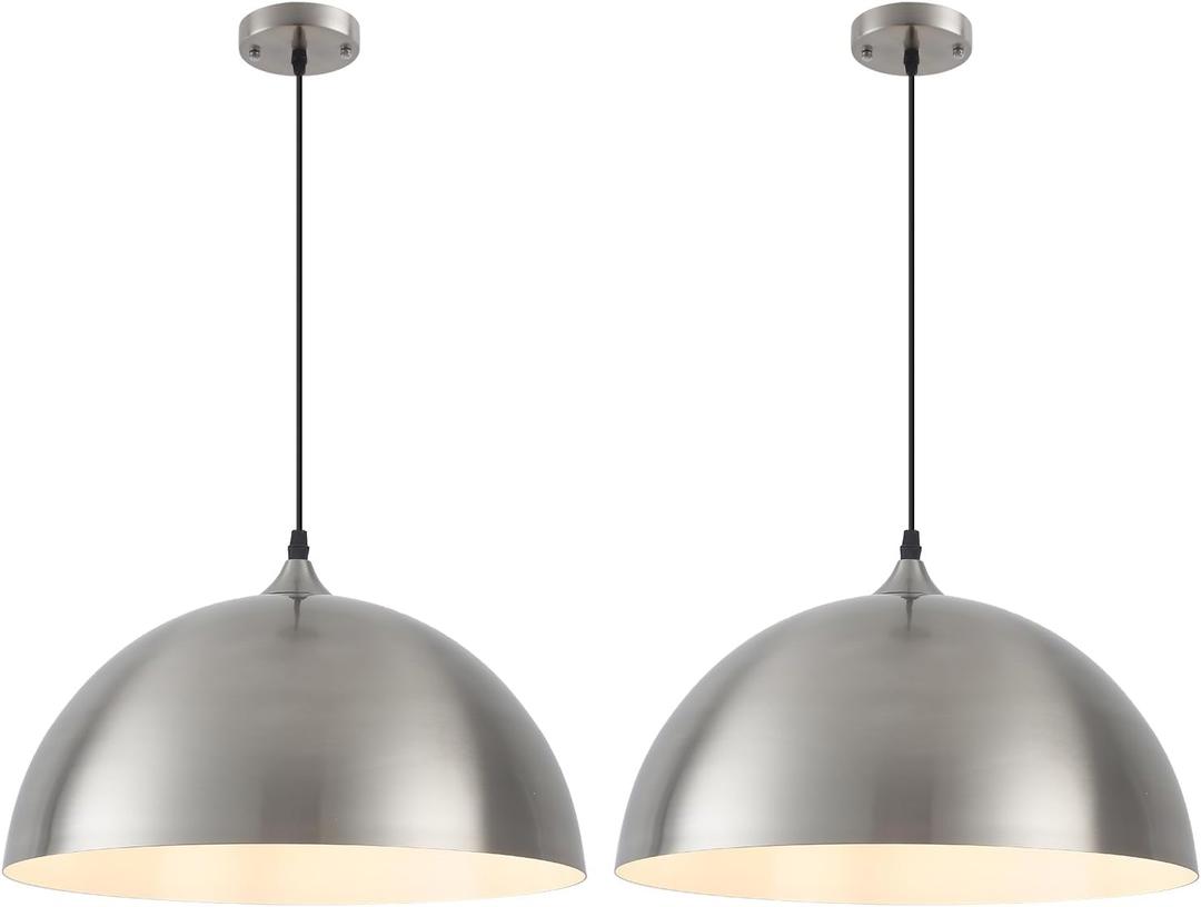 Brushed Nickel Pendant Lights Kitchen Island, 16 Inch Large Dome Pendant Light, Modern Farmhouse Pendant Light for Kitchen Island, Dining Room, Cafe, Bar, 2 Pack, 16"x2