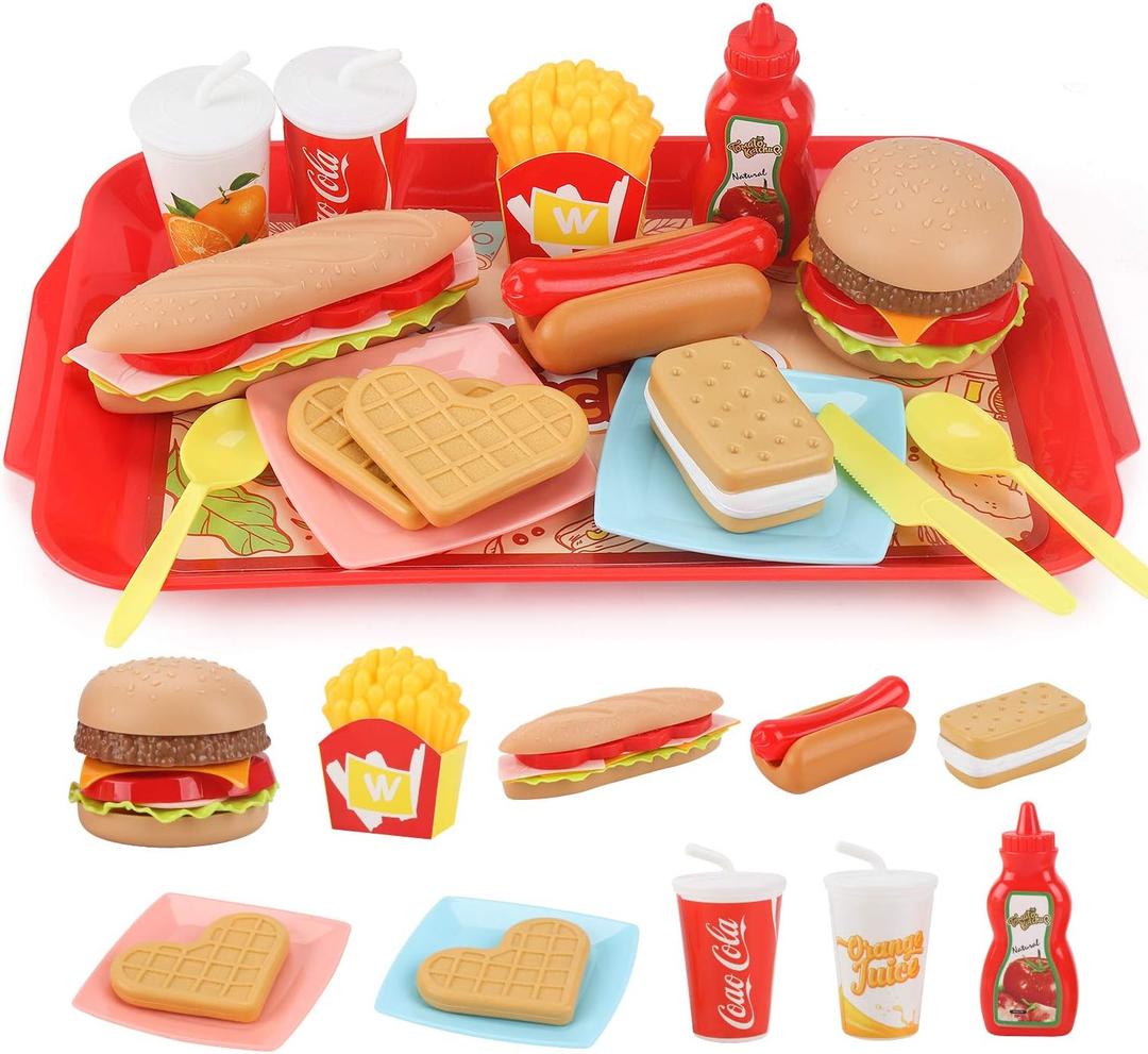 Sotodik Pretend Play Food Set for Children,Removable Fast Food Playset with Tray Hamburger Hotdog Fries Combo,Play Kitchen Accessories Role Play Toys,Christmas Birthday Gift for Kids Boys Girls(15PCS)