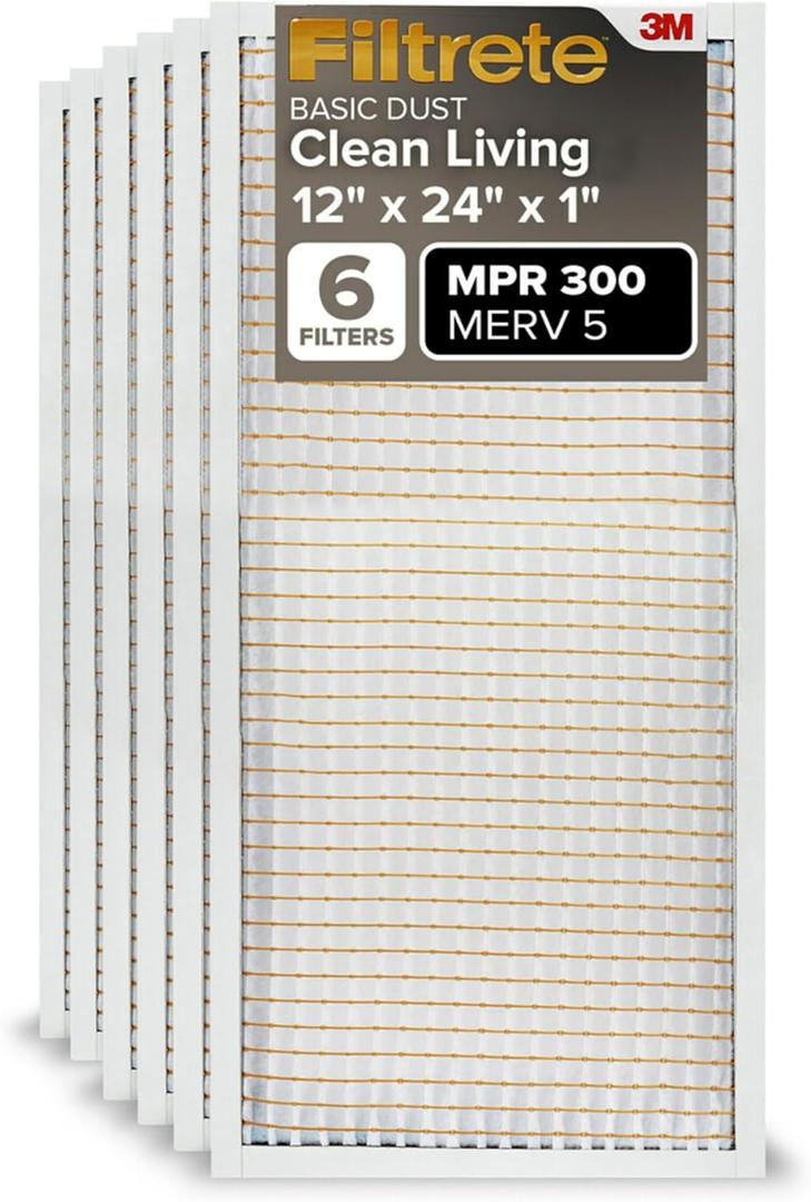 Filtrete 12x24x1 AC Furnace Air Filter, MERV 5, MPR 300, Capture Unwanted Particles, 3-Month Pleated 1-Inch Electrostatic Air Cleaning Filter, 6-Pack (Actual Size11.69x23.69x0.81 in) (12 x 24 x 1)