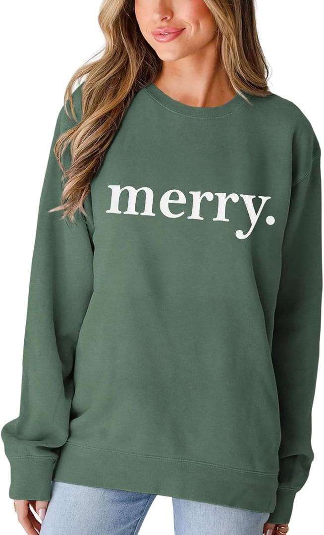 SOFEON Merry Christmas Sweatshirts For Women Holiday Long Sleeve Shirts Letter Print Crewneck Pullover Oversized Tops (Large, Green)