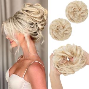 SARLA 2PCS Messy Hair Bun Hair Pieces Wavy Curly Synthetic Updo Fake Scrunchies Ponytail Extension for Women Light Champagne