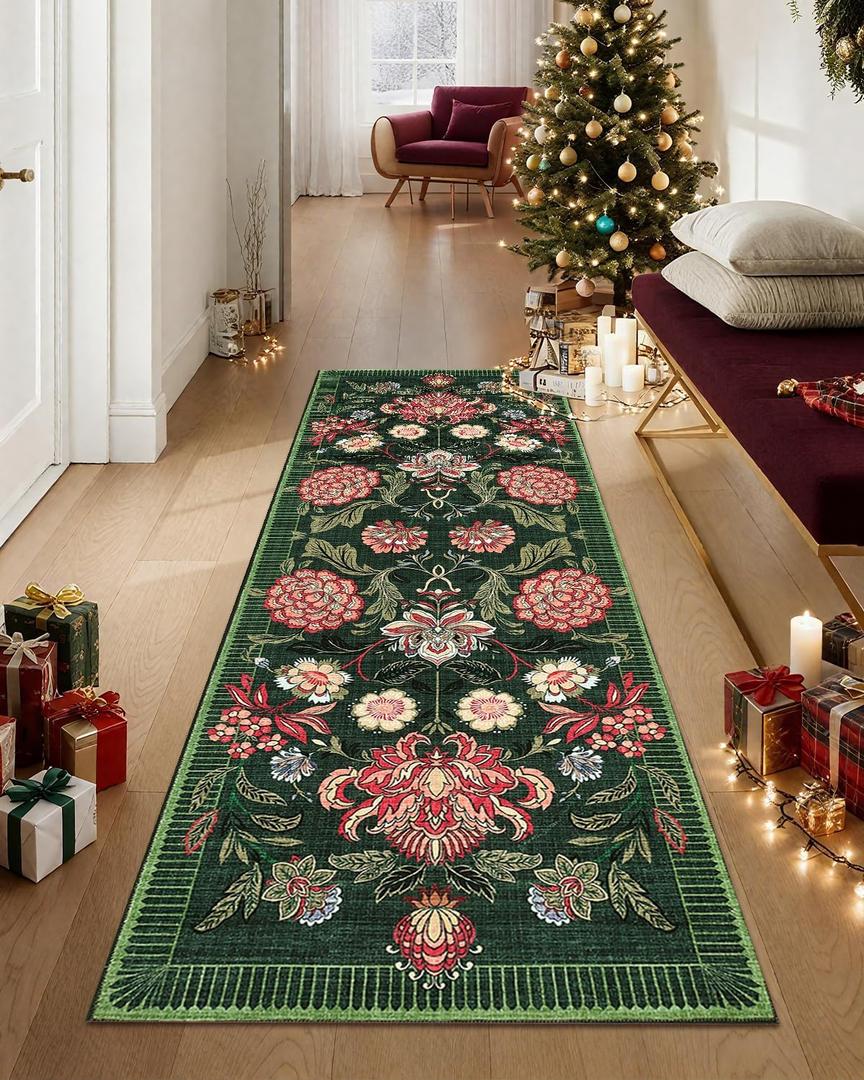 GarveeHome Forest Green Floral Botanical 2x6 Washable Kitchen Runner Rugs Non Slip Vintage Boho Cottage Long Rug for Hallways Bedroom Entryway Bathroom Mat with Rubber Back