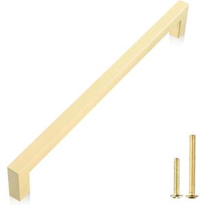 QOGRISUN 1-Pack Solid Brass Cabinet Pulls, Gold Square Drawer Handles,18-inch Hole Center Kitchen Hardware for Dresser, Cupboard, Brushed Brass Finish