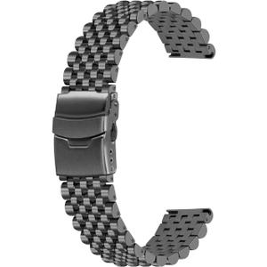 Polished Metal Watch Band for Men Women, 20mm 22mm Quick Release 3D 7 Beads Stainless Steel Watch Bands Strap Classic Replacement Bracelet with Double Locks Silver (Matte Black)