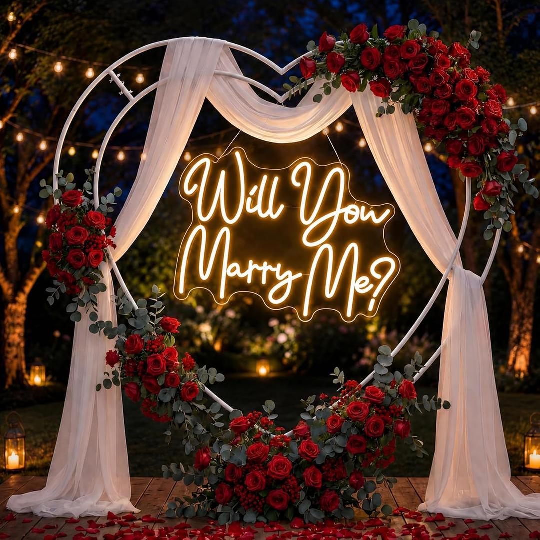 Novabright Proposal Decorations Kit with Large Metal Heart Arch Stand and Will You Marry Me LED Neon Light Sign Hanging Wall Decor for Proposal Engagement Wedding Decorations