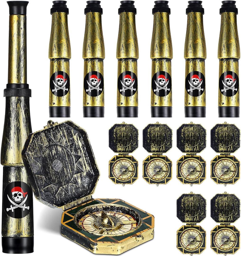 Zubebe 12 Pcs Halloween Pirate Telescope and Compass Pirate Treasure Party Favors Bulk Plastic Captain Telescope Antique Compass Prop Retro Pirate Spyglass for Halloween Birthday Party Supplies