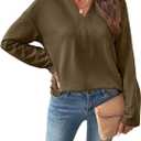 SHEWIN Womens Casual V Neck Sweatshirt Long Sleeve Lightweight Drop Shoulder Solid Pullover Tops (Green, M)