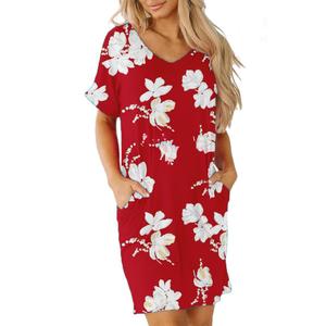 Camisunny V Neck Tunic Dresses for Women with Pockets Short Sleeve T Shirt Dress Knee Length Loose Fitting Size S (S)