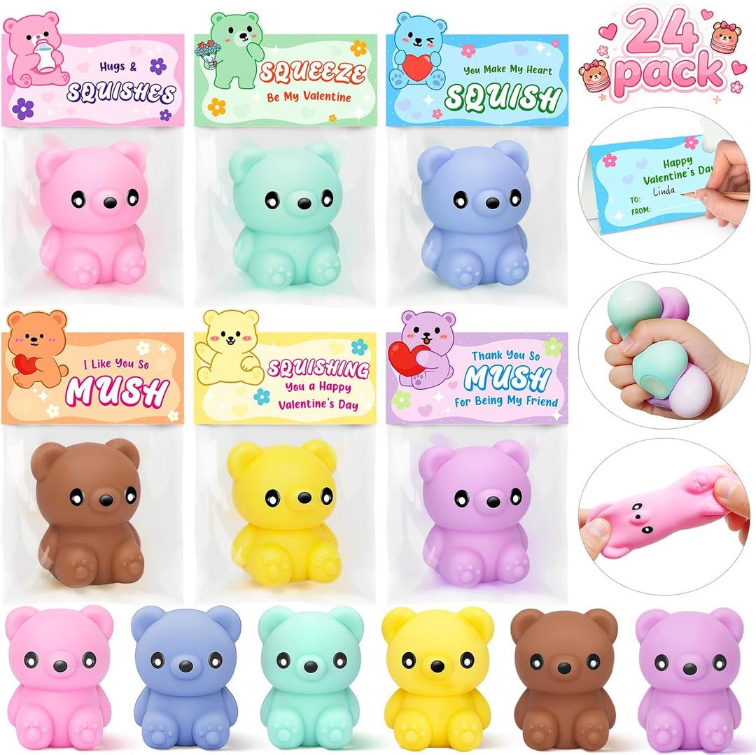 Valentine Gifts for Kids Classroom, 24 Packs Valentines Day Cards with Bear Squeeze Toys, Ideal Kids Exchange Gifts for School, Perfect Valentine Party Favors for Boys Girls