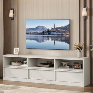 GarveeHome 70 in TV Stand for TVs up to 85 in, Mid Century Modern Entertainment Center with Storage Drawer & Open Shelves, Heavy Duty Media Console for Living Room and Bedroom, White