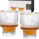Viski Meridian Lowball Glasses Set of 2 - Premium Crystal Clear Vintage Drinking Tumblers for Whiskey, Scotch & Bourbon in Art Deco Ripple Glassware Design, Gold Rimmed Glassware Gift Set, 12 oz