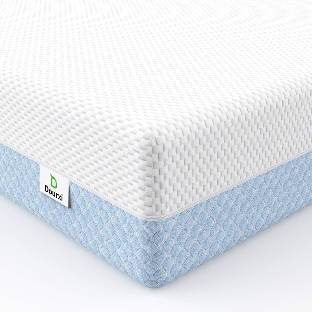Dourxi Crib Mattress, Dual Sided Comfort Memory Foam Toddler Bed Mattress, Triple-Layer Breathable Premium Baby Mattresses for Infant and Toddler w/Removable Outer Cover - White&Blue