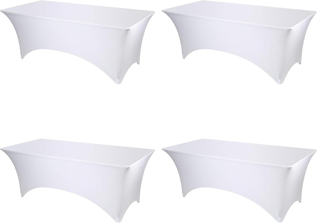 BRILLMAX 4 Pack White Spandex Table Covers for 8 Ft Rectangle Tables - 180 GSM Thick Stretch Tablecloth Fitted, Reinforced Foot Pockets, Wrinkle Free Cloth for Wedding Banquet Party Trade Show